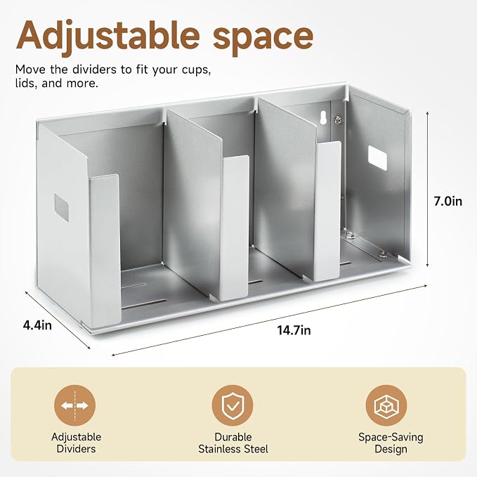 3 Compartments Stainless Steel Cup Dispenser | Adjustable Divider Organizer for Cups and Lids for Kitchen Coffee Bar Restaurant and Office Breakroom - Image 3