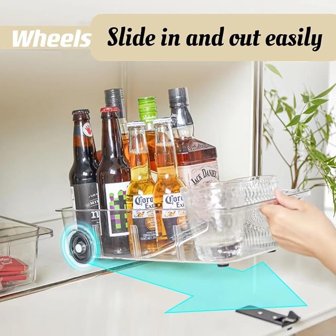 Roll-Out Refrigerator Organizers and Storage, 2 Pack Drawer Fridge Bins | Silicone Wheels, Adjustable Dividers, Thick Clear PET, Built-In Handle, for Fridge, Pantry, Bathroom & Kitchen Organization - Image 4