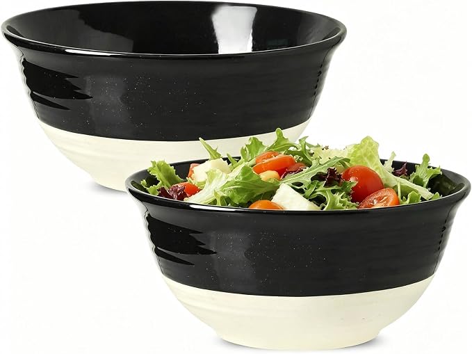 HASENSE Large Ceramic Serving Bowls Set of 2, 84 Oz 9 Inch Black & Beige Stoneware Mixing Bowls, Farmhouse Bowls for Salad, Soup, Popcorn & Baking, Dishwasher & Microwave Safe by Hasense