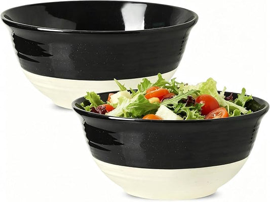 HASENSE Large Ceramic Serving Bowls Set of 2, 84 Oz 9 Inch Black & Beige Stoneware Mixing Bowls, Farmhouse Bowls for Salad, Soup, Popcorn & Baking, Dishwasher & Microwave Safe by Hasense