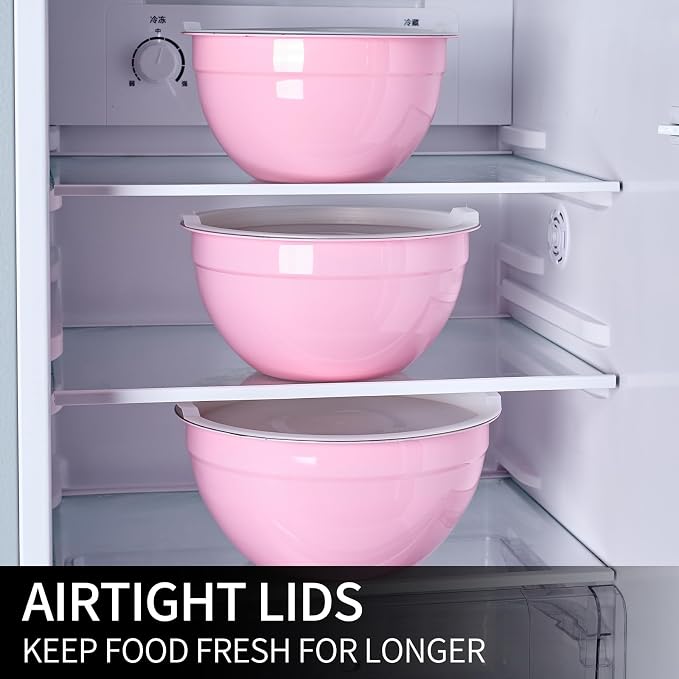 Pink Mixing Bowls with Lids Set of 7, Stainless Steel Nesting Bowl with Khaki Lid for Non-slip Mixing Prepping Storing Serving, 7 Sizes-7/3.6/2.7/2.1/1.5/1/0.8 QT - Image 6