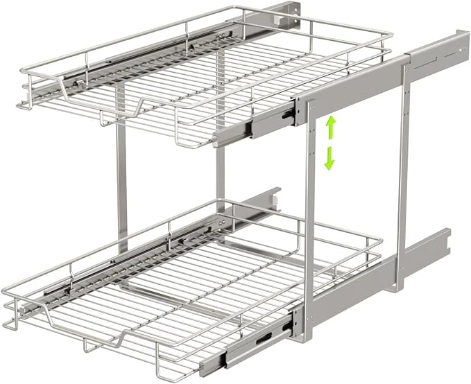 EZKAZA Pull Out Cabinet Organizer 17.5" W x 21" D, 2-Tier Kitchen Cabinet Pullout Shelf and Drawer Organizer Slide Out Pantry Storage Basket, 16.2" W x 21" D x 2.4" H for Bottom Basket Size by Unknown