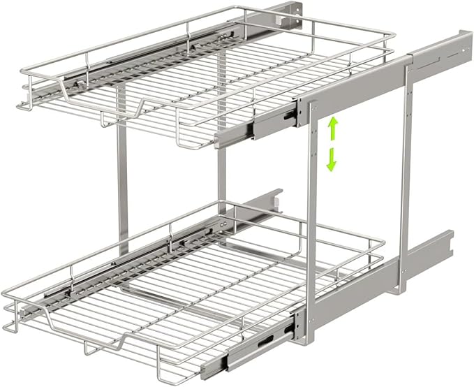 EZKAZA Pull Out Cabinet Organizer 11.5" W x 21" D, 2-Tier Kitchen Cabinet Pullout Shelf and Drawer Organizer Slide Out Pantry Storage Basket, 10.2" W x 21" D x 2.4" H for Bottom Basket Size - Image 8