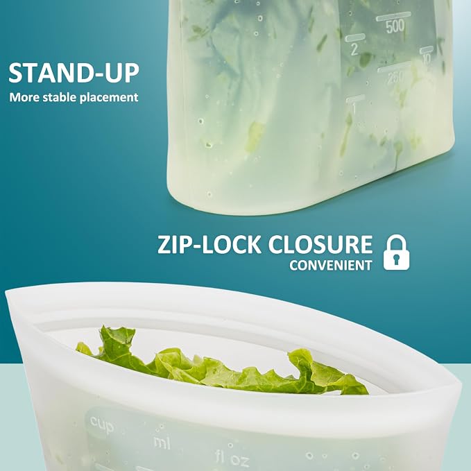 8-Pack Reusable Silicone Food Storage Bags, 100% Silicone Stand-Up Wide-Open Zip-Lock Reusable Storage Bags for Food, Freezer Microwave Oven Dishwasher Safe, Translucent, 4S 4XS - Image 3
