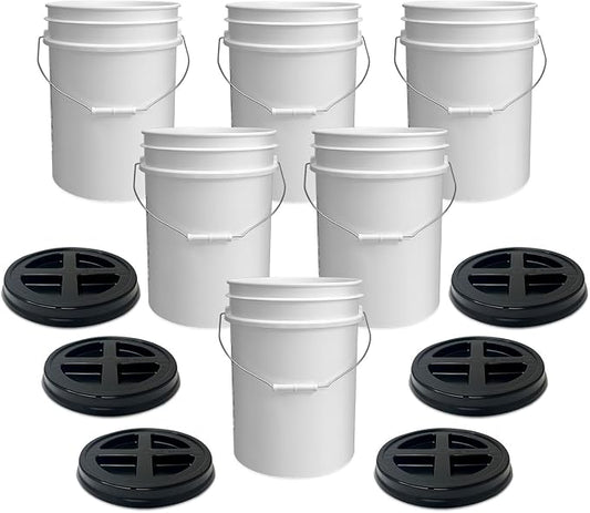 5 Gallon Bucket - Food Grade w/Lid BPA-Free, White/Black, 6 | Airtight Gamma Seal Screw-On Lid, Heavy-Duty 90 Mil HDPE Plastic, Food Safe and Durable Container, Bulk Storage, Made in USA by ePackageSupply