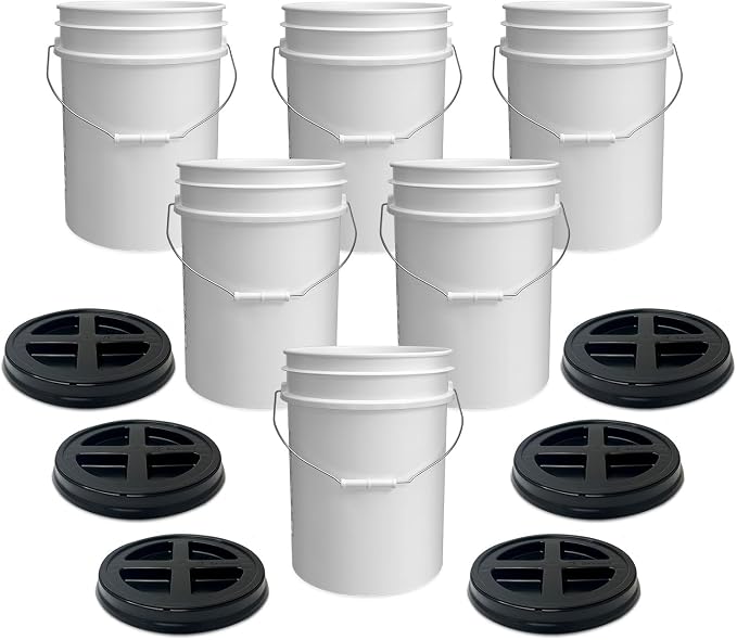 5 Gallon Bucket - Food Grade w/Lid BPA-Free, White/Black, 6 | Airtight Gamma Seal Screw-On Lid, Heavy-Duty 90 Mil HDPE Plastic, Food Safe and Durable Container, Bulk Storage, Made in USA by ePackageSupply