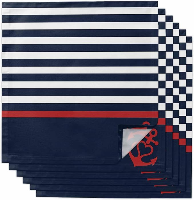 Navy Blue Striped Cloth Napkins Set of 6, Red Anchor Summer Seaside Dinner Napkins Cloth Washable, Cocktail Napkins Reusable for Wedding, Party, Birthday (20"x20") by Unknown