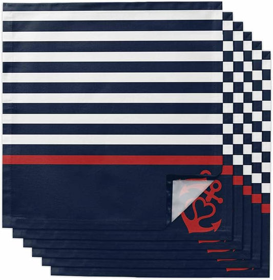 Navy Blue Striped Cloth Napkins Set of 6, Red Anchor Summer Seaside Dinner Napkins Cloth Washable, Cocktail Napkins Reusable for Wedding, Party, Birthday (20"x20") by Unknown