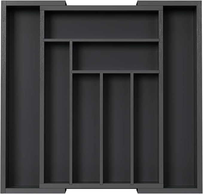 Pipishell Bamboo Expandable Drawer Organizer for Utensils Holder, Adjustable Cutlery Tray, Wood Drawer Dividers Organizer for Silverware, Flatware, Knives in Kitchen, Bedroom, Living Room(M-Black) by Pipishell