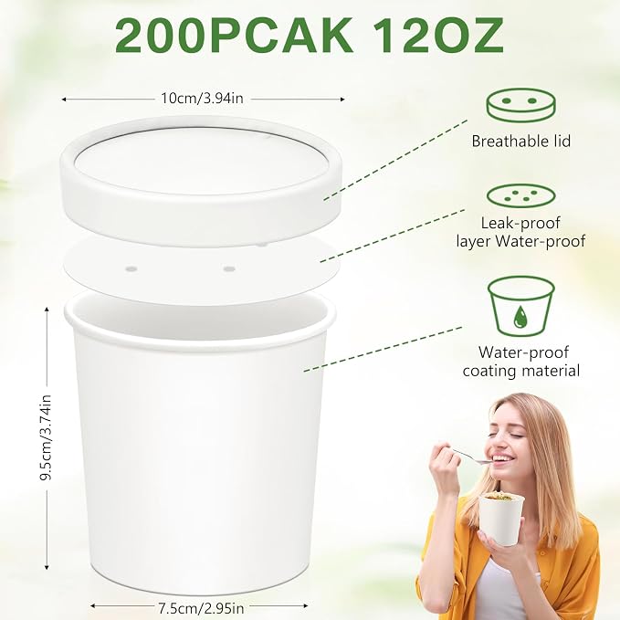 Irenare 200 Pack 12 oz Disposable Containers with Lids for Soup Ice Cream Food Fruit Bulk Paper Bowls Storage Cups with Lids, Microwavable and Freezer Safe(White) - Image 2