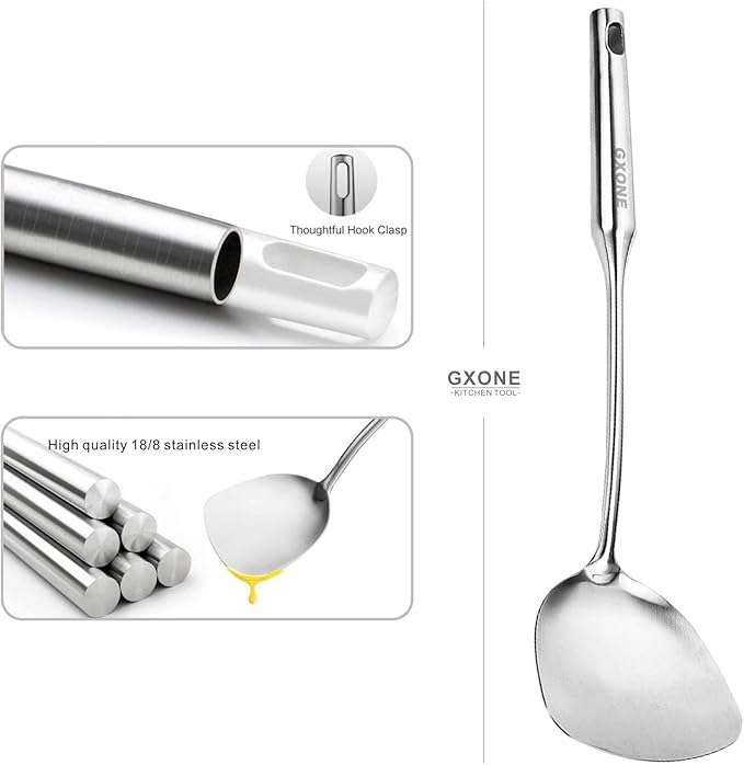 Wok Spatula,Stainless Steel,Long Handle Wok Utensils,Silver/14.7Inch | chinese spatula,for cooking,cooking utensils,for Metal wok/cast iron pan - Image 3