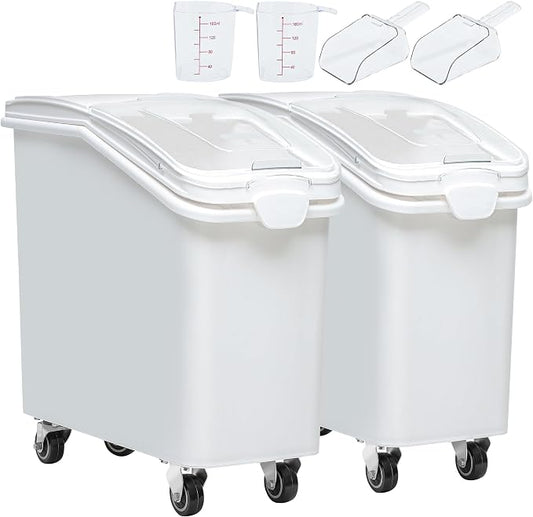YITAHOME 27-Gallon Food Storage Container,Bulk Flour Bin, Large Ingredient Storage Bin with Wheels, Measuring Cup & Scoop, for Kitchen/Dining Room, Commercial Rice Container,2 count,White by YITAHOME