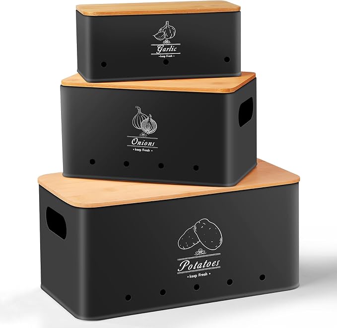 Kitchen Vegetable Storage Set of 3, Sturdy and Durable Storage Basket for Potato, Onion, Garlic, Fruit,Aerating Holes and Wooden Lid (black) by Unknown