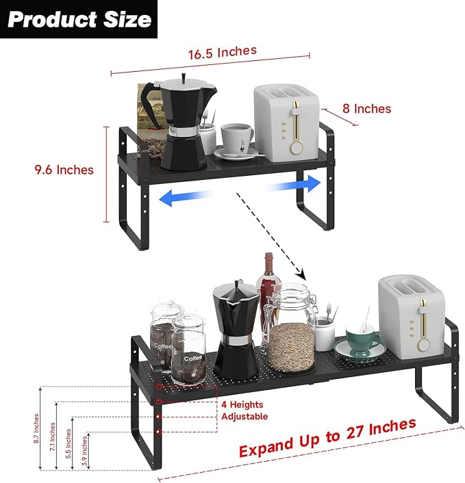 3 Pack Expandable Cabinet Countertop Shelves, 16.5"-27" L, Black | Stackable Shelves Organizers For Kitchen Cabinet Countertop Storage, Adjustable Counter Cupboard Pantry Organizer Shelf Rack - Image 2