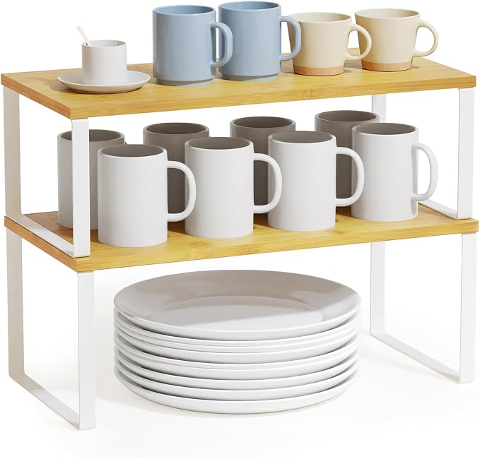 SpaceAid Cabinet Shelf Organizers 2 Pack, Kitchen Counter Rack Shelves Riser, Stackable Expandable Spice Rack, Pantry Cupboard Storage Organization (White and Natural, Long) by SpaceAid