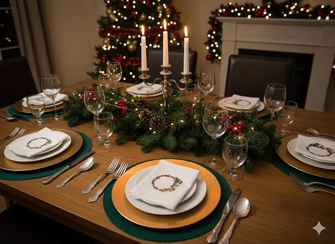 – Embroidered Cloth Napkin Holly Christmas Wreath & Gift Box Cotton Napkins Set of 6, 20 x 20”, Hemstitch Table Napkins, Machine Washable, Daily & Holidays, Great Gift Ideas - Image 8