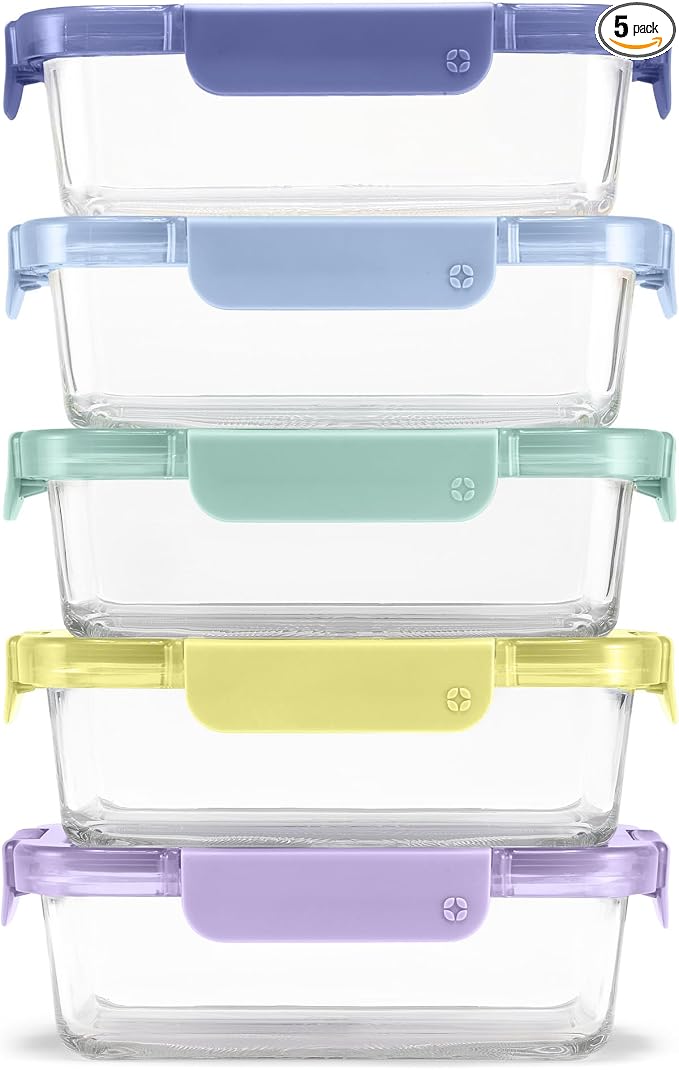 Ello Color Lock Glass Meal Prep Sets Leak-Proof Glass Food Storage Containers with Airtight BPA-Free Plastic Lids, Dishwasher, Microwave, and Freezer Safe by Ello