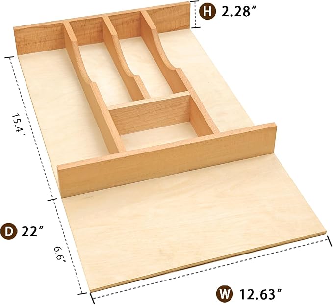 Silverware Drawer Organizer - Trim-to-Fit with Adjustable Dividers for Kitchen Utensil Storage, Beech Wood Frame with 11 Sizes (12.63" W x 22" D) - Image 3