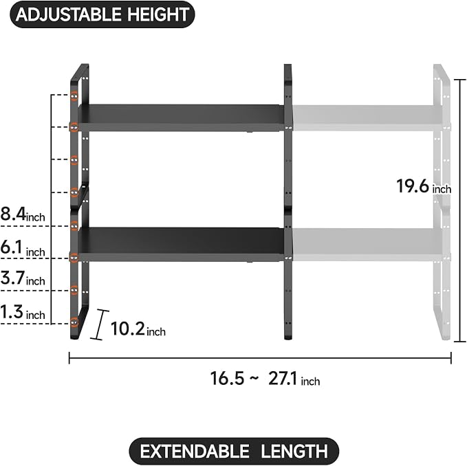 2pcs Expandable Cabinet Shelf Organizer, 16.5"~27''L, Black | Stackable, Adjustable Height, For Cabinet, Countertop, Pantry & Cupboard, Pantry Spice Rack, 10.2" W x 9.6" H - Image 2