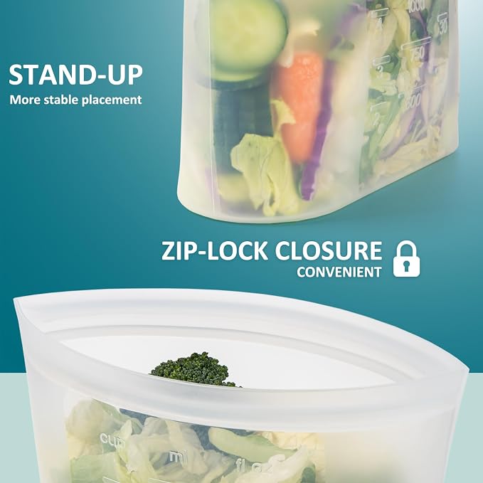 12-Pack Platinum Silicone Reusable Storage Bags, 100% Premium Silicone Stand-Up Wide-Open Zip-Lock Reusable Storage Bags for Food, Freezer Microwave Oven Dishwasher Safe, Crystal-Clear, 4M 4S 4XS - Image 3