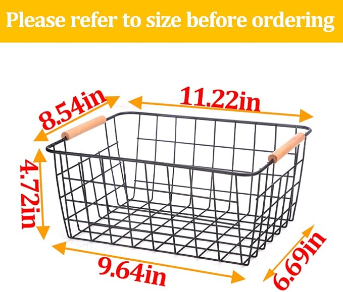 LeleCAT Wire Baskets with Wooden Handles Wire Storage Organizer Bin Baskets, Pantry, Closets, Bedrooms - Set of 2（Black） - Image 2