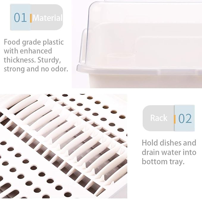 Tomorotec Medium Size Dish Drying Rack & Drain Board with Lid Cover, White | Kitchen Counter Drainer with Dust-Proof Clear Cover, Detachable Design with Utensil Holder, Plate Cup Tray Cutlery Drainer - Image 5