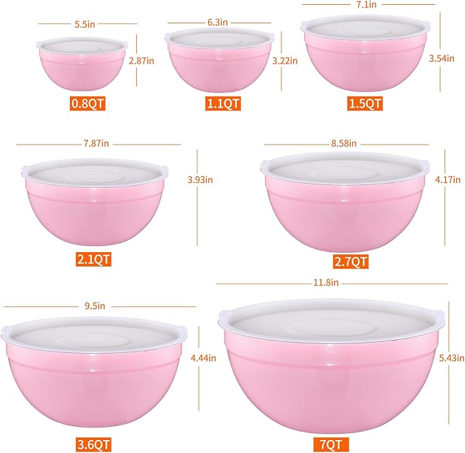 Pink Mixing Bowls with Airtight Lids, Stainless Steel Nesting Mixing Bowls Set of 7, Ideal for Baking, Prepping and Serving Food, Size 7, 3.6, 2.7, 2.1, 1.5, 1.1,0.8 QT, Stackable Design - Image 2