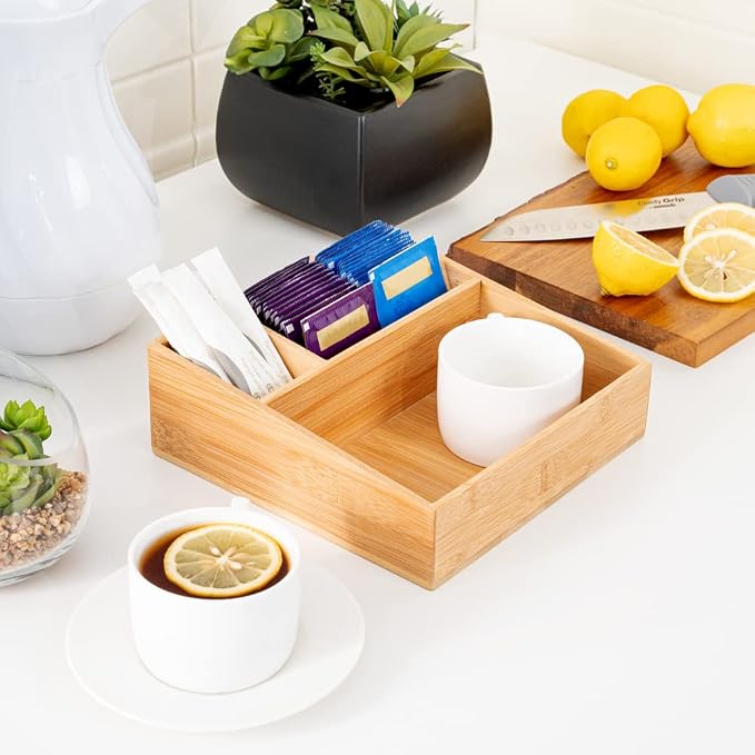 Restaurantware-8.3 x 8.3 x 2 Inch Coffee Condiment Organizer, 1 Square Creamer Organizer - 3 Compartments, Break-Resistant, Bamboo Coffee Accessory Caddy, Won't Chip, For Sugar Packets And Creamers - Image 6