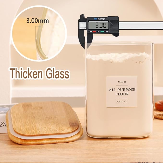 2 Pack large Square Glass Flour and Sugar Containers with 132 Kitchen Pantry Labels - 110 floz & 51 floz - Glass Jars with Airtight Bamboo Lid - Glass Rice Canisters for Coffee, Pasta, Cookie, Cereal - Image 5