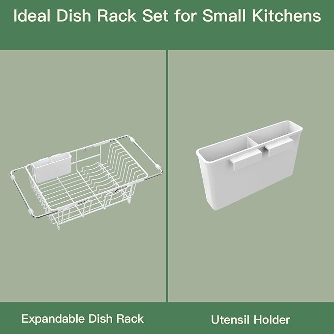 White Dish Drying Rack Over The Sink with Utensil Holder | Expandable Stainless Steel Dish Drainer for Small Kitchen, Apartment, RV, Counter Space Saving, Perfect Fit, Rustproof - Image 9