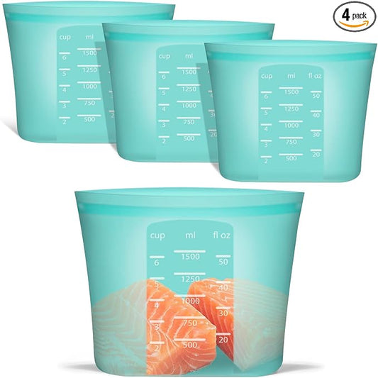 Large Reusable Storage Bag, 4 Pack 100% Silicone Food Storage Bags Stand Up Silicone Zip Lock Bags for Food Container, Freezer Microwave Oven Dishwasher Safe, Aqua, 50.7oz/ 1500ml by Annaklin