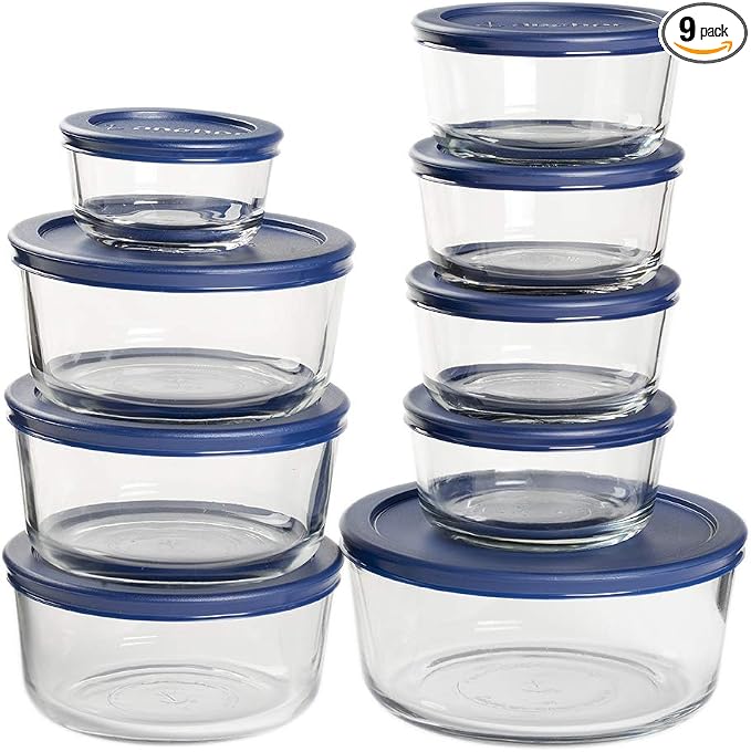 Anchor Hocking 18 Piece Glass Storage Containers with Lids (9 Glass Food Storage Containers & 9 Navy Blue SnugFit Lids) by AnchorHocking