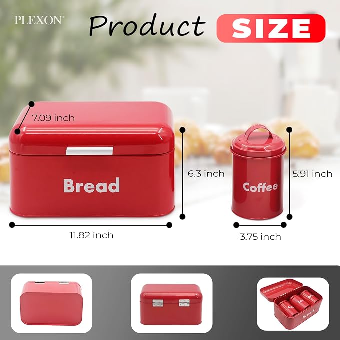 Plexon Bread Box for Kitchen Countertop, Bread Container with Coffee, Tea, Sugar Canisters, Metal 4-Piece Bread Box Set with Lids, Red - Image 2