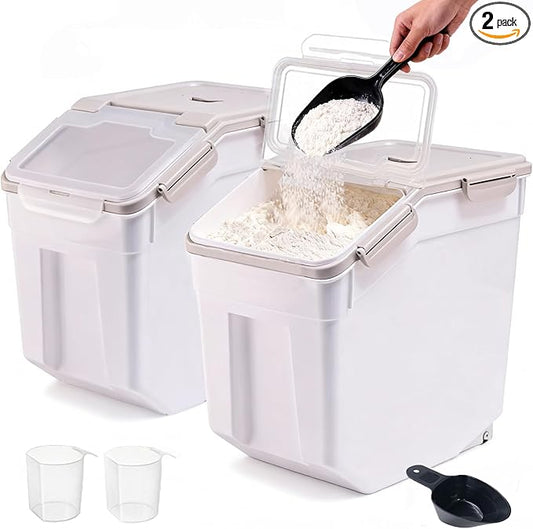 RUIAN 2Pcs Large Flour Storage Container Bin 50Lb Airtight Rice Storage Containers with Wheels Seal Locking Lid, BPA Free with Measuring Cup&Scoop for Flour, Rice, Grain 100LBS Total (Grey) by RUIAN