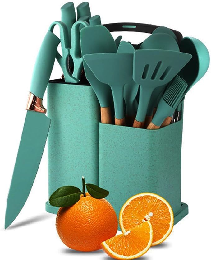19 Pcs Kitchen Cooking Utensils and Knife Set with Block, Include 11 Pcs Silicone Cooking Utensils Set 5 Pieces Sharp Stainless Steel Chef Knives Scissors Whisk Tongs and Cutting Board (Teal) by YAQIZENG