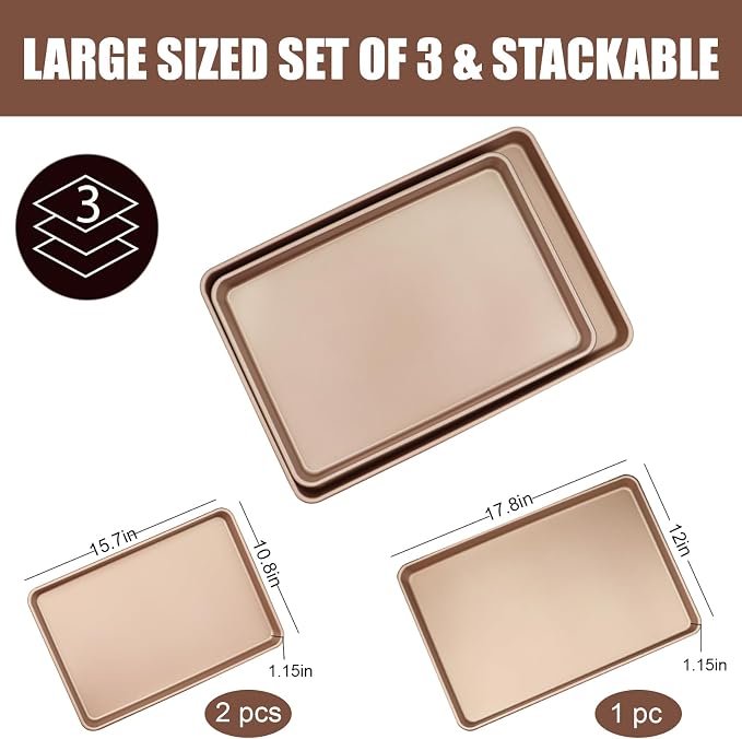 3-Pack Nonstick Carbon Steel Baking Sheet Set | Heavy Duty 0.8mm Cookie Sheets - Large 17.8"x12" & 2 Medium 15.7"x10.8" Commercial Gold Pans for Oven, Roasting & Toaster - Image 2