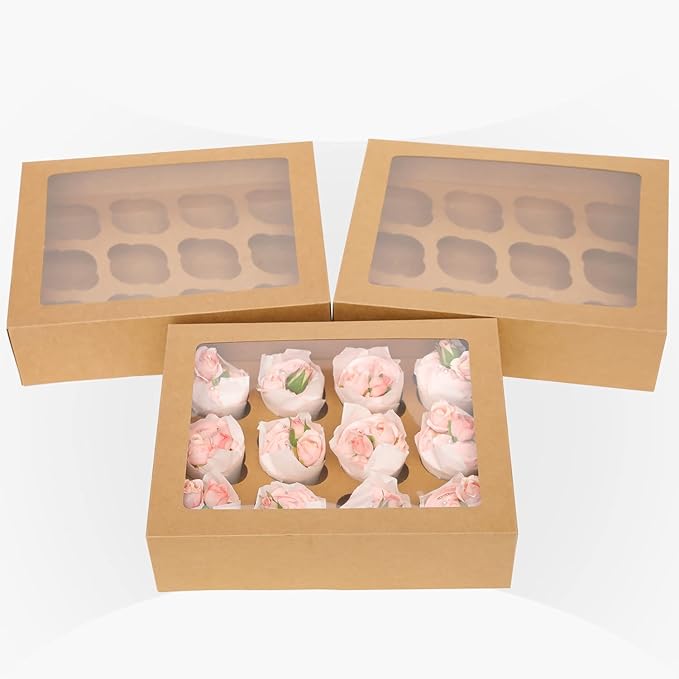 qiqee Auto-pop Up Cupcake Boxes with Window Brown 40PCS 12 Count Cupcake Box 13"x10"x3.5" Cupcakes Carrier, 12 Cupcake Containers with 2 rolls of pink ribbons - Image 2