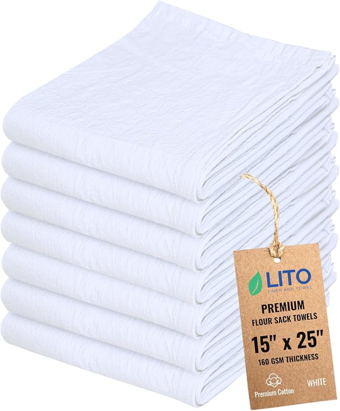 Flour Sack Towels | Tea Towel for Crafts| Kitchen Dish Cotton Blank Towel for Embroidery| Baking Bread Proofing Linen Cover| Thick Absorbent Quick Dry| 7 Pack 15"x 25" White by LITOLinenandTowel