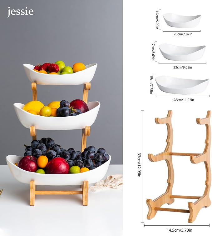 3 Tier Fruit Bowls For Kitchen Counter, Ceramic Fruit Basket Stand | Wooden Fruit Serving Tray, Large Capacity, Snacks Nuts Cake Storage Holder for Party (White porcelain) - Image 7