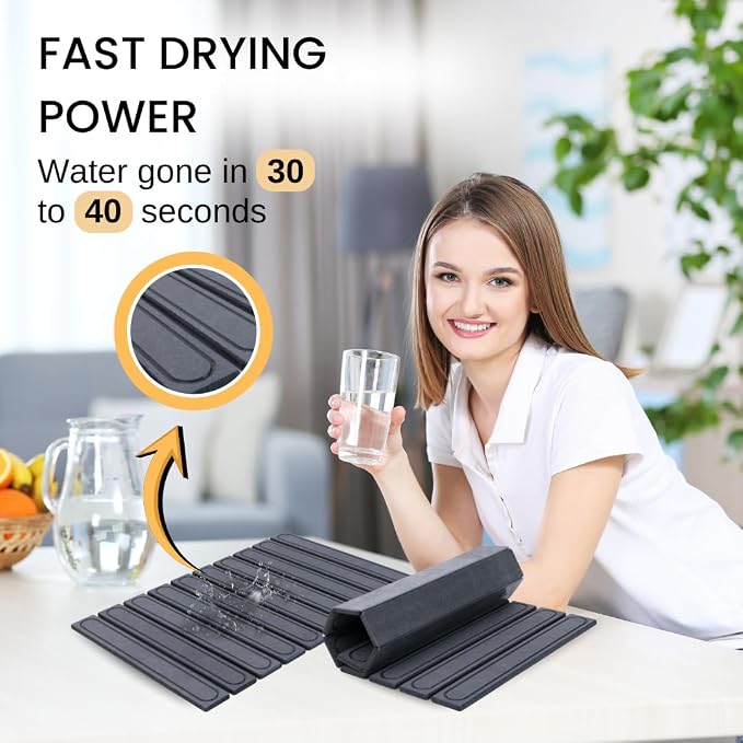 2-In-1 Stone Dish Drying Mat Set For Kitchen Counter. New Collapsiable Space Saving Diatomaceous Earth Stone Dish Mat 23.6"(L)x15.3"(W) + Faucet Protector 23.6"(L)x4(W)- Ultra Absorbent Non-Slip-Gray - Image 5