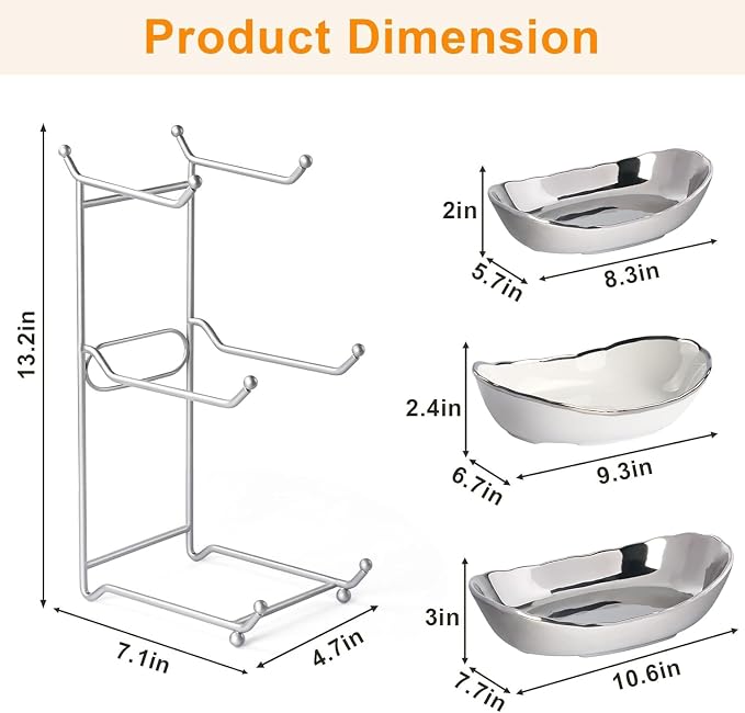 3 Tier Fruit Basket for Kitchen Counter, Modern Ceramic Fruit Bowl with Silver Metal Stand, Fruit Holder Stand for Snacks, Nuts, Cakes, Desserts, Bread, Candy Storage - Image 2