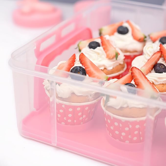 Cupcake Carrier Stackable Storage Container Collapsible Cake Carrier with Lid and Handle, with 50 PCS Cupcake liners,Reusable Plastic Dessert Travel Container,Transport Box (48 Cupcakes Pink) - Image 7