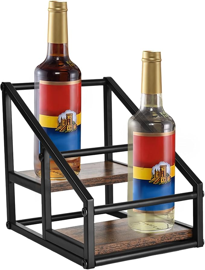 YQBRAO 2-Tier Coffee Syrup Organizer, 4-Bottle Rack, Rustic Brown | Holds 4 bottles in a narrow two-tier footprint for small counters, coffee corners, apartments, and bar carts. by Unknown