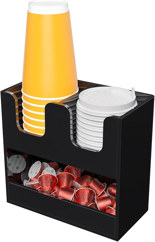 Beego 3-Compartment Cup Holder for Countertop - 2-Tier Black Acrylic Cup Dispenser Coffee Station Paper Cup and Lid Organizer Condiment Storage for Restaurant Breakroom Kitchen Bar Accessories by beegoofficial