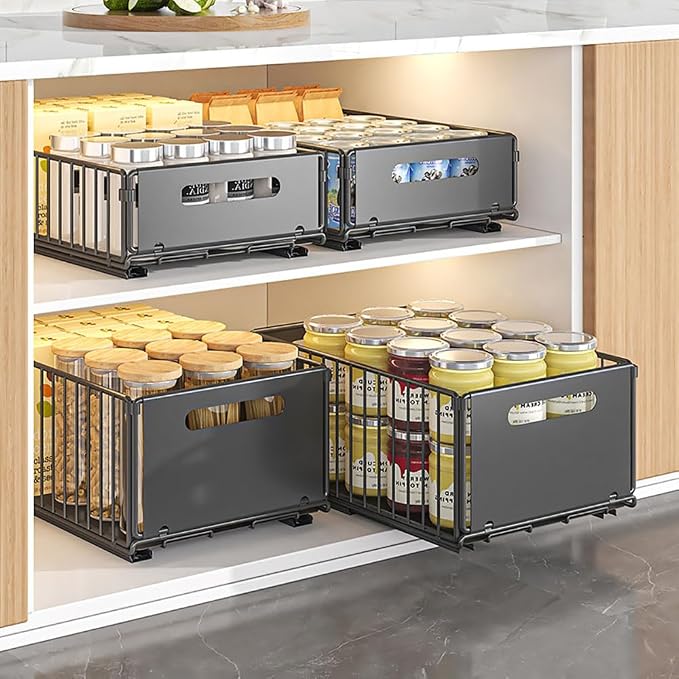 YunNasi Pull Out Cabinet Organizer, Black, 4Piece 9.8" W X15 D X7.5 H | Slide Out Drawer Storage Shelves, Cupboard Organiser, Sliding Cabinet Basket for Kitchen, No Drilling and Nailing - Image 3