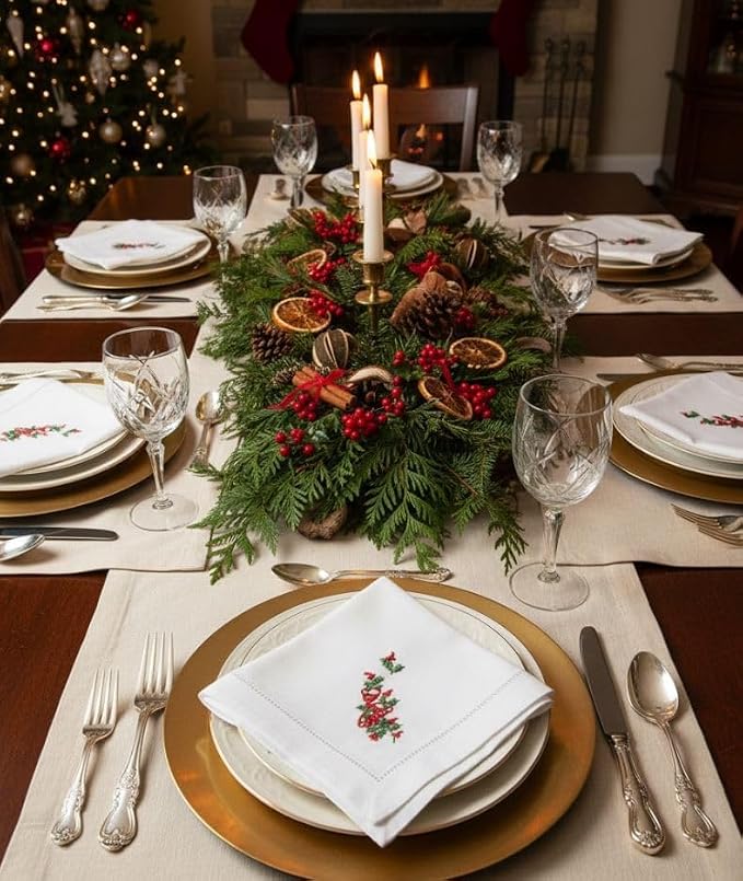 Embroidered Cloth Napkin Red Bells and Holly Christmas Cotton Napkins Set of 6, 20 x 20 Hemstitch Table Napkins Machine Washable, Daily & Holidays, Great Gift Ideas - Image 4