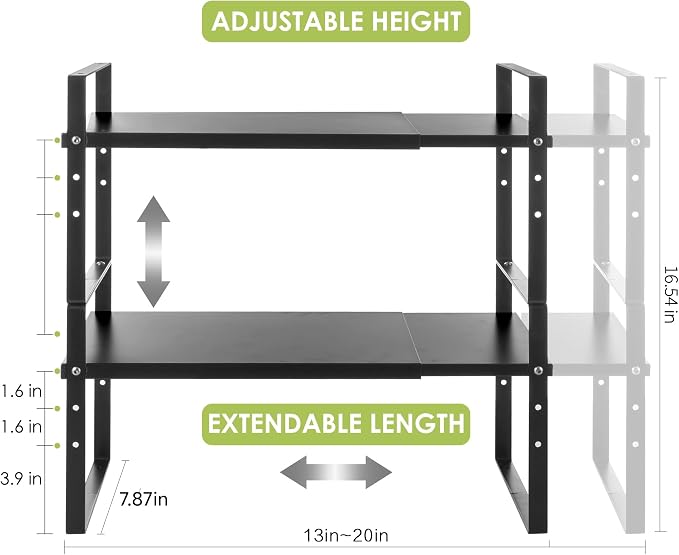 Across-Star Expandable Cabinet Shelf Organizer Rack, Stackable Kitchen Counter Storage Shelves Stand, Adjustable Height Pantry Shelf Spice Rack (Black, 2 Pack) - Image 3