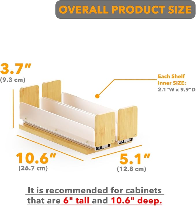 SpaceAid Bamboo Pull Out Spice Rack Organizer for Cabinet, Heavy Duty Slide Out Seasoning Kitchen Pantry Sliding Vertical Organization, 5.1" Wide, 2 Drawers(2" Wide), 1-Tier, Natural - Image 3