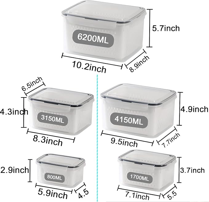 Large Fridge Food Storage Container Set with Lids with Strainer, Fruit Vegetable Storage Containers Keep Fruits, Vegetables, Berry, Meat Fresh longer, BPA-Free Plastic Produce Keepers - Image 2