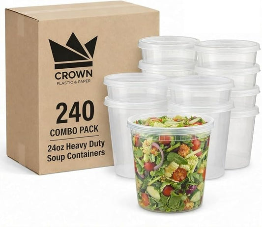 24oz Heavy Duty Deli Containers with Lids- Leak-Resistant Plastic Containers for Soups Sauces & Snacks- Microwave & Dishwasher Safe Stackable Food Containers for Deli, Catering & Takeout Use- 240 Pack by CrownPlasticPaper